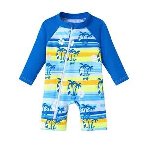 Xingcheng Xiaohan Blue Palm Tree Striped One Piece Swimsuit Zipper Size 80